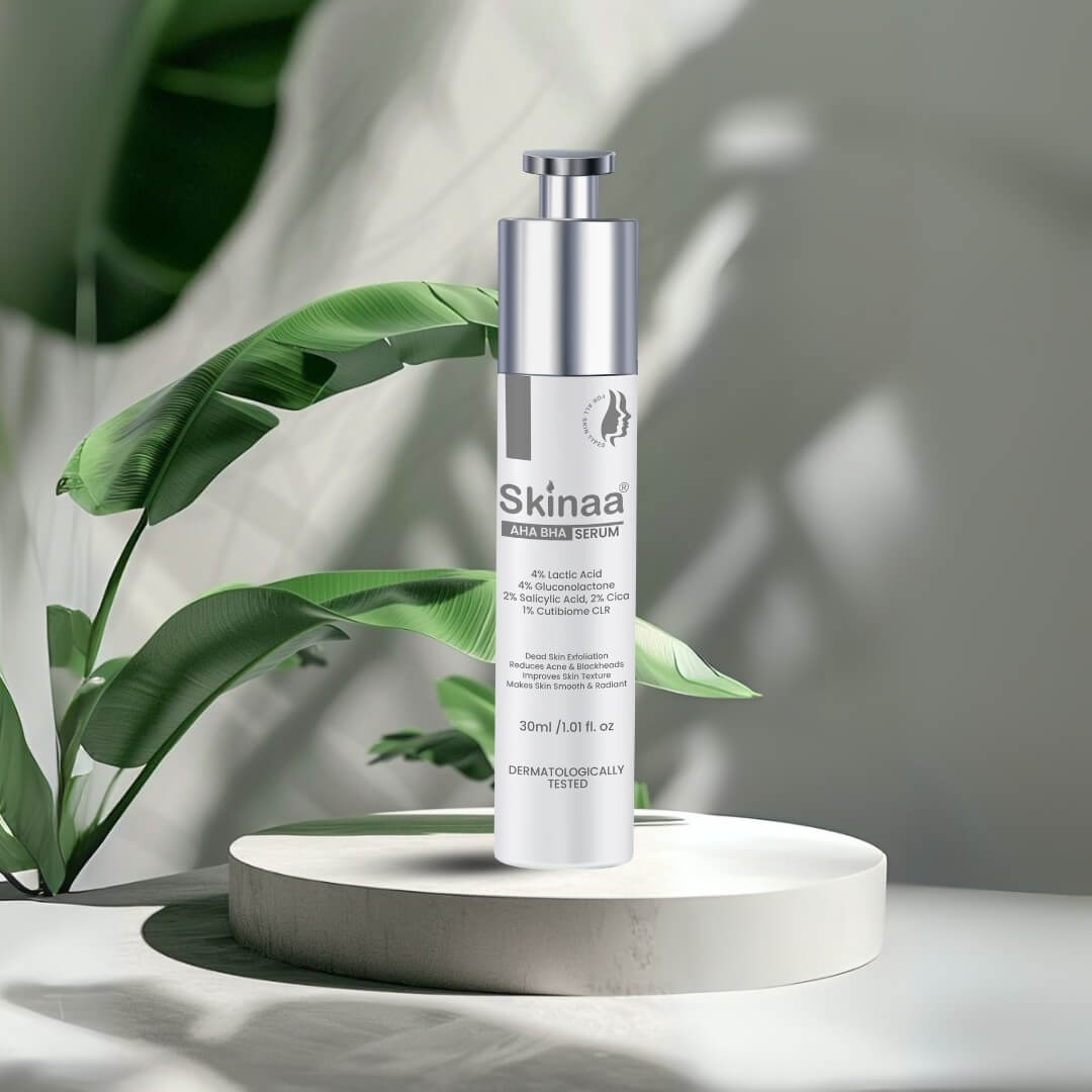 AHA BHA Serum with glycolic acid, salicylic acid, and natural extracts for exfoliation, acne control, and glowing skin